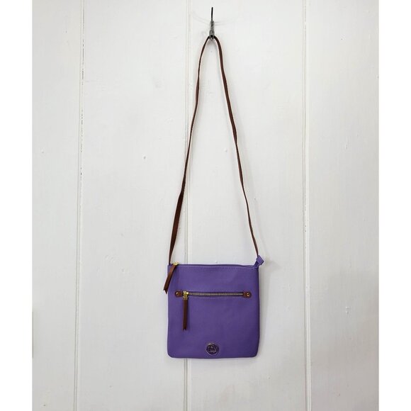 Joy Mangano Crossbody Bag Purple Faux Leather With Brown Strap Gold Zipper & Fro - Picture 3 of 6